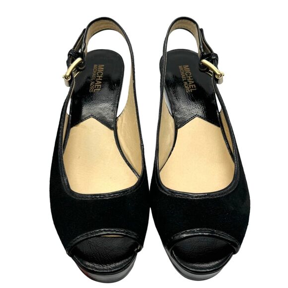 Michael Kors Platform Sandals Womens 10 Black Leather Open Toe Chic Elevated EUC - Picture 5 of 16